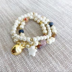 Set of 3 pearl and agate stretch bracelets gold plated